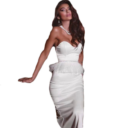 Tube Top Bandage Dress Sexy Diamond Feather High Waist Sleeveless Dress Mid
