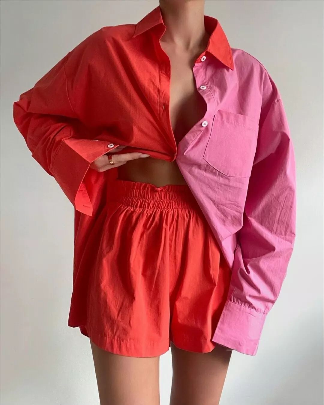 Spring Summer Two Piece Set Solid Color Single Breasted Long Sleeve Collared Shirt Shorts Loose Casual Set