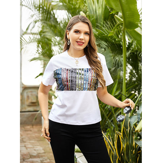 Plus Size Women Clothes Slimming Slim Fit T-shirt Printed Short Sleeve
