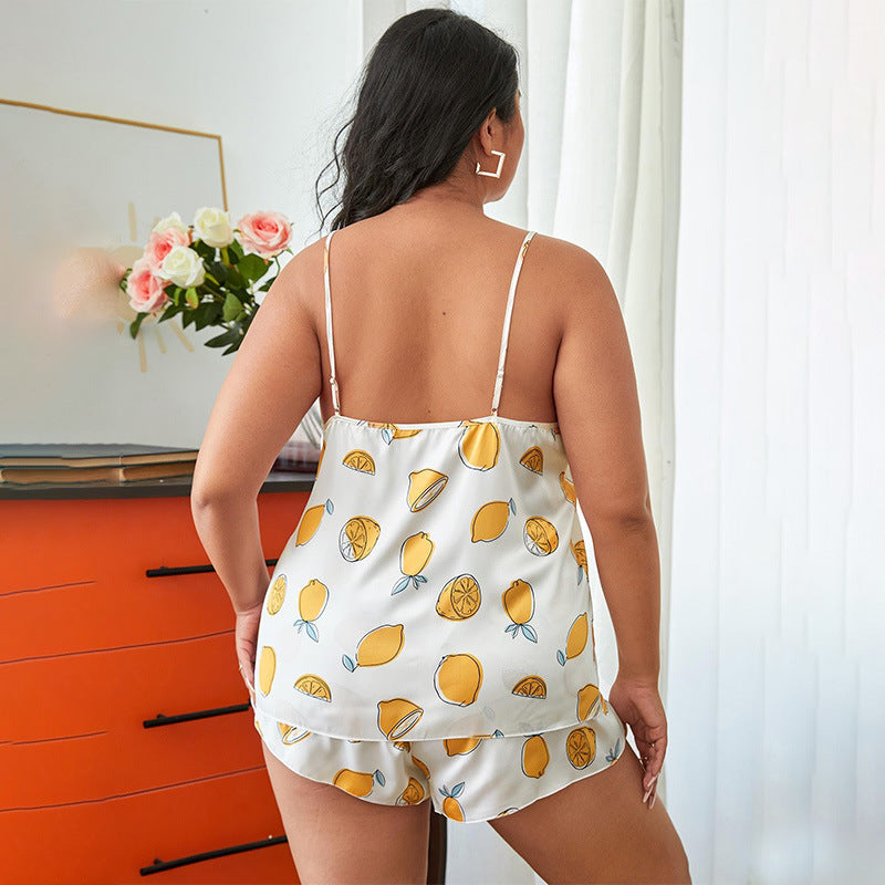 Plus Size Summer Cartoon Yellow Peach Homewear Casual Backless Loose Fitting Loungewear Pantaloncini con bretelle Pigiama da donna