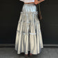 Fall Women Clothing Metallic Coated Fabric Niche Design Silver Metal High Waist Mid Length Tiered Skirt