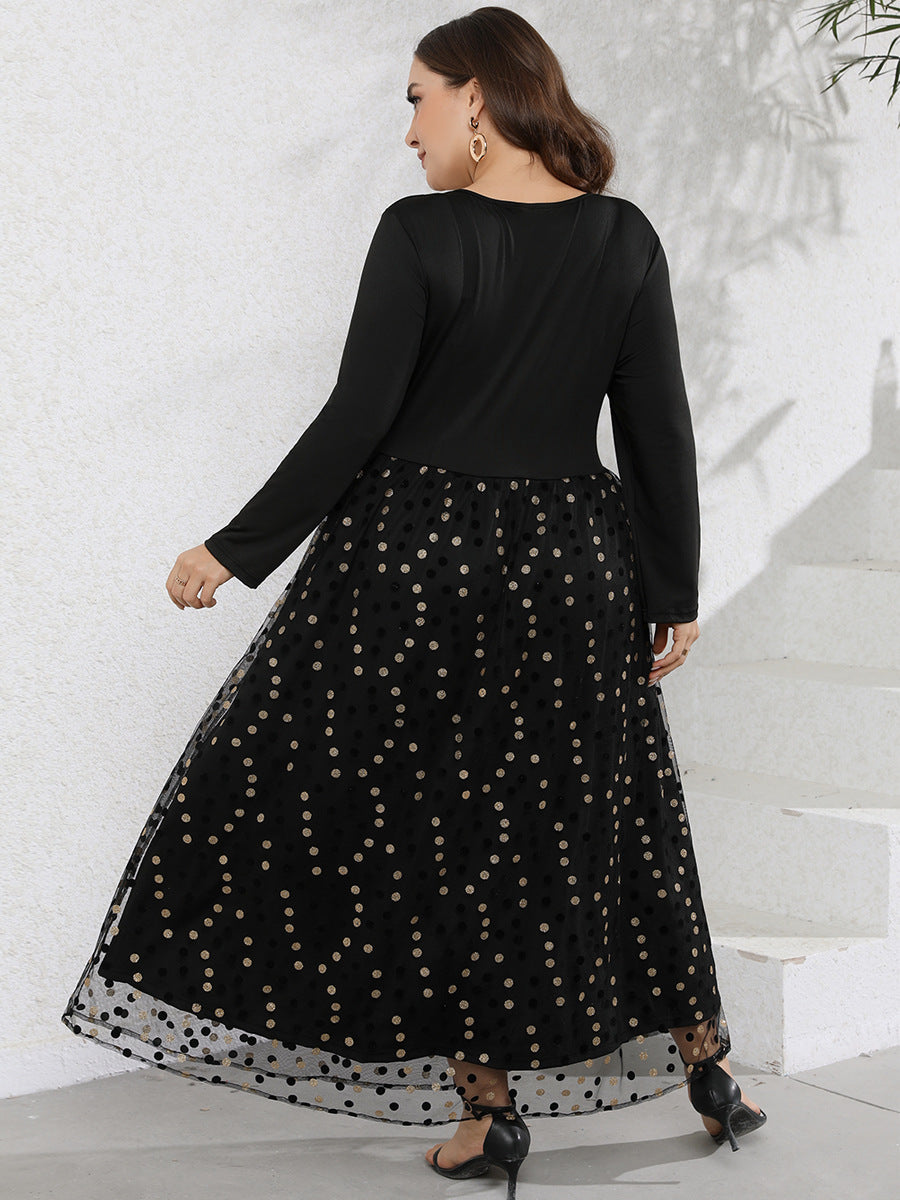 Plus Size Women Casual V Neck Long Sleeve Polka Dot Printed Pattern Swing Long Dress
