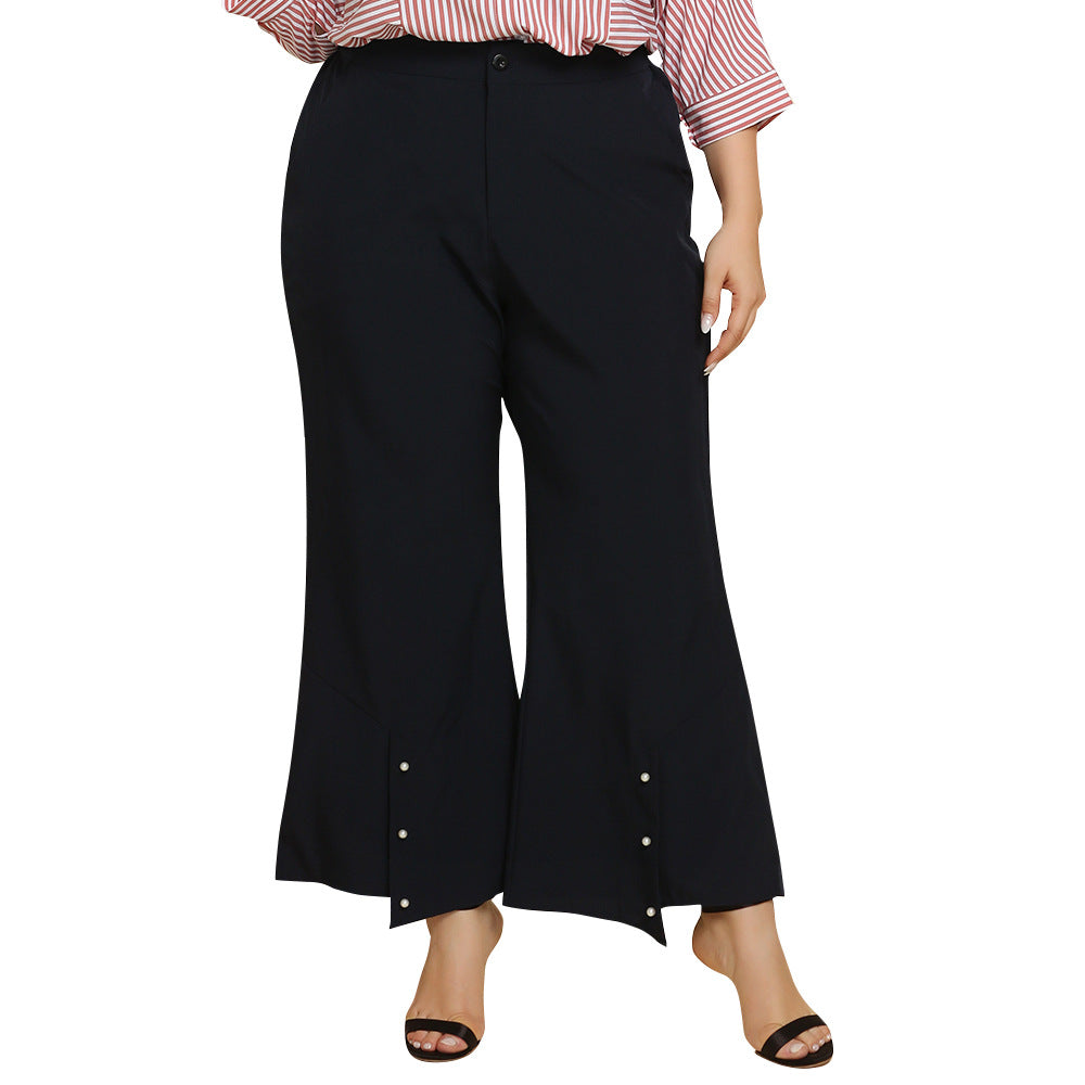 Plus Size Women Clothing Beaded Casual Wide-Leg Pants Pocket Solid Color Trousers