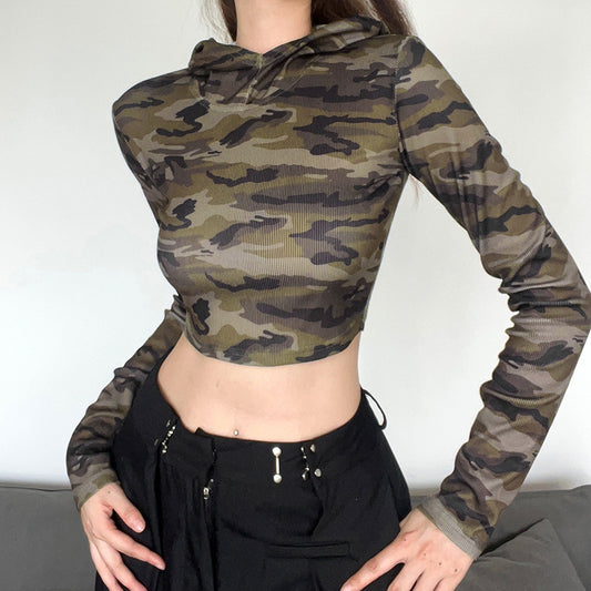 Camouflage Agent Hoodie Slimming Top Personality Fried Street Tight Back Hollow Out Cutout