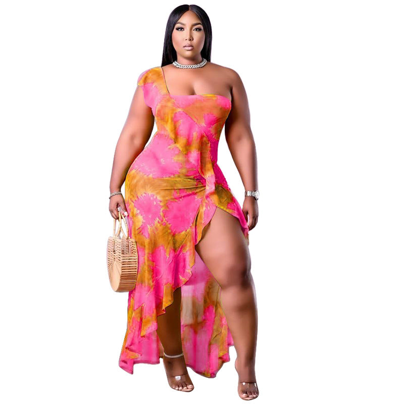 Plus Size Women Clothing Summer Single Sleeve Irregular Asymmetric Printed Flounced Skirt Edge Dress