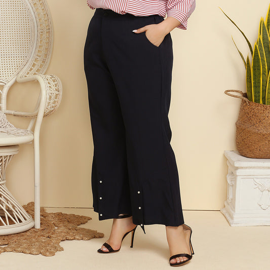 Plus Size Women Clothing Beaded Casual Wide-Leg Pants Pocket Solid Color Trousers