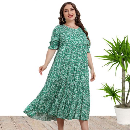Plus Size Summer Women Clothes Short Sleeve Rayon Printed Loose Dress