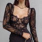 Chest Cup Lace Long-sleeved Top Women Spring Fashionable Sexy Black Waist-tight Bag V-neck Shirt