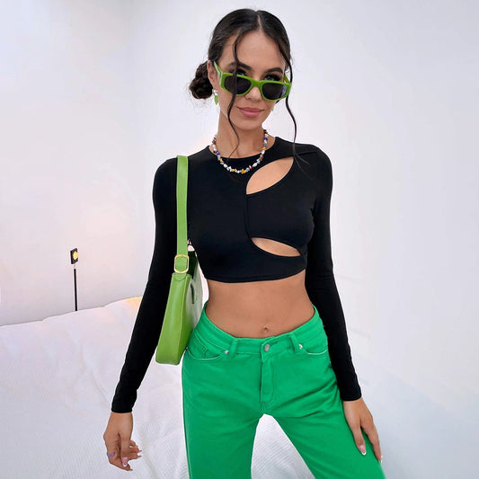 Women Clothing Street Casual Hollow-out Slim-Fit Ultra-Short Online Celebrity Long Sleeve T-shirt Top