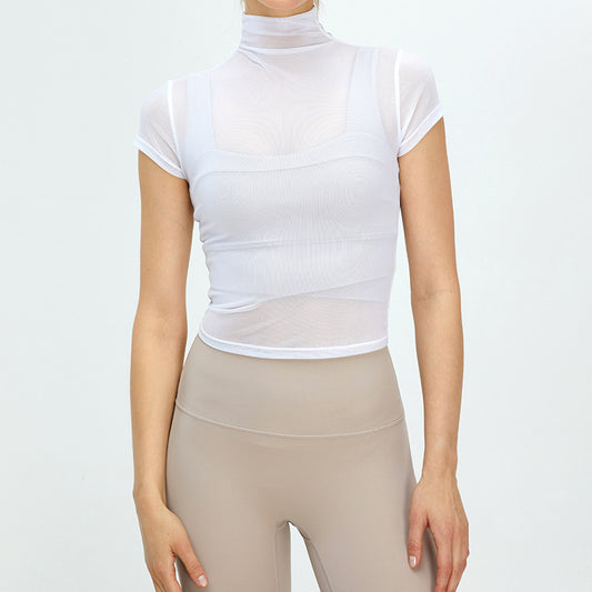Classical Turtleneck Yoga Clothes Blouse Lightweight Quick Drying Top Mesh Breathable Short Sleeved Workout Clothes