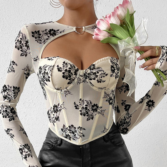 Sexy Hollow Out Cutout Sexy Low Cut Long-Sleeved T shirt Love Decorative Steel Ring Boning Corset Slim Top