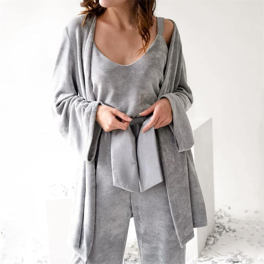Corduroy Camisole Nightgown Trousers Three Piece Knitted Autumn Winter Pajamas Women Warm Loungewear