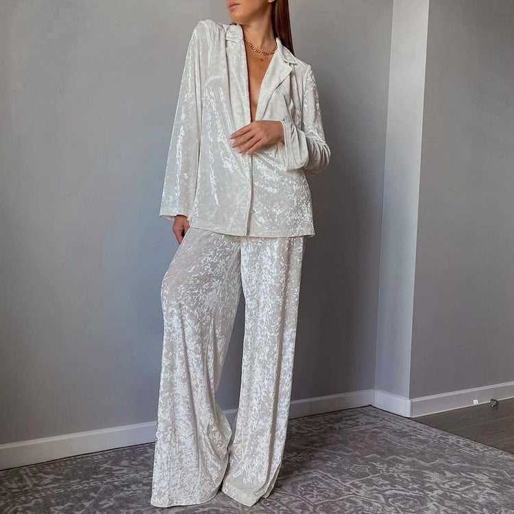 Women Clothing Early Spring Long Sleeve Loose Drooping Top Wide Leg Trousers Homewear Casual Lazy Blazer Suit Set