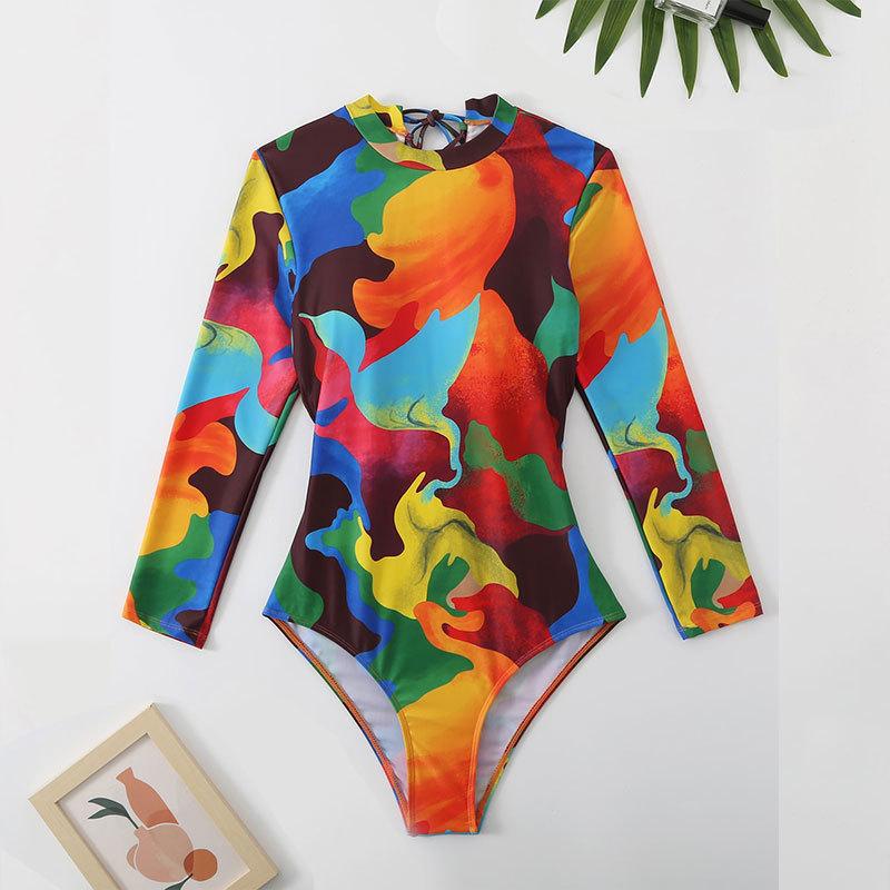 Lace up Backless Printed Long Sleeve Sunscreen Swimwear Ladies Sexy Backless Bodysuits