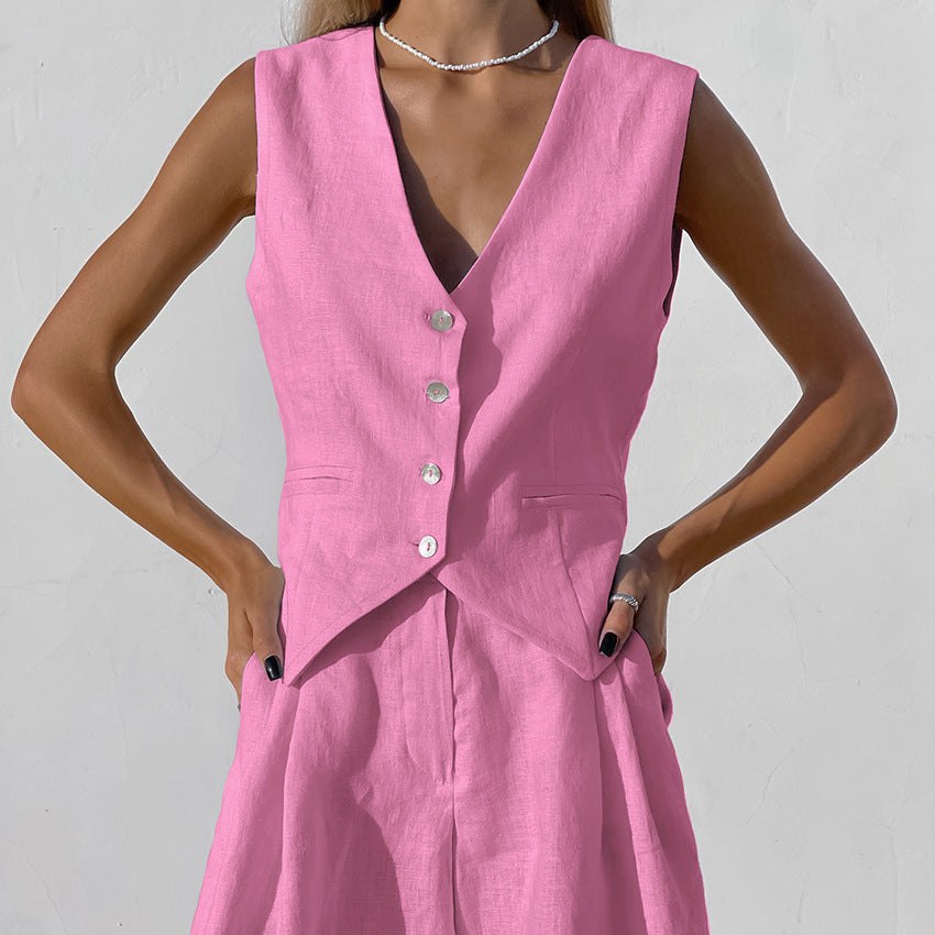 Design Cotton Linen Suit Vest Suit Women Summer Casual Sleeveless Tank Top Shorts Two Piece Suit