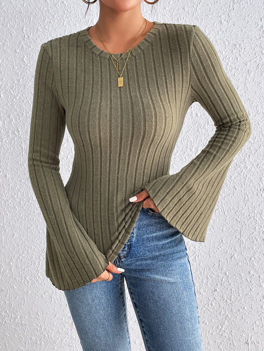 Autumn Short Slim Fit Flared Sleeves round Neck Simple Knitwear Top Women