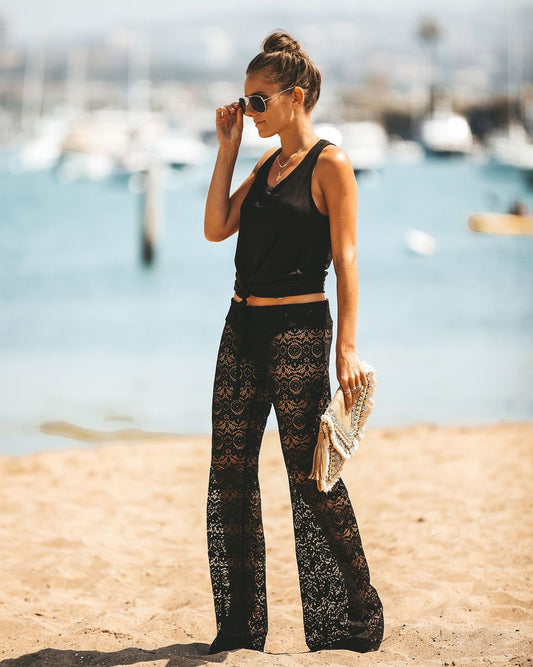 Lace Hollow Out Cutout Beach Trousers Hole Floral Slightly Flared Sun-Proof Trousers