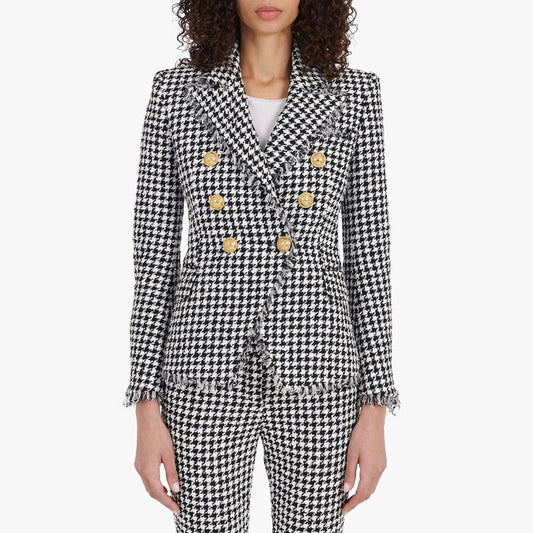 Classic Houndstooth Tweed Tassel Women Business Blazer Suit Set Woolen Jacket