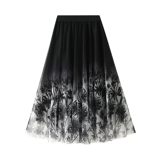 Elegant Retro National Gradient Ink Printing Skirt Large Swing Tulle Skirt Long Skirt Women Skirt