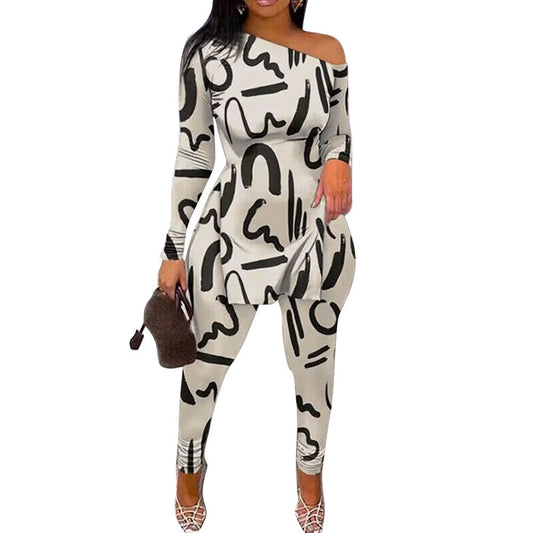 Spring off the Shoulder Long Sleeve Split Two Piece Set Casual Set Positioning Printing