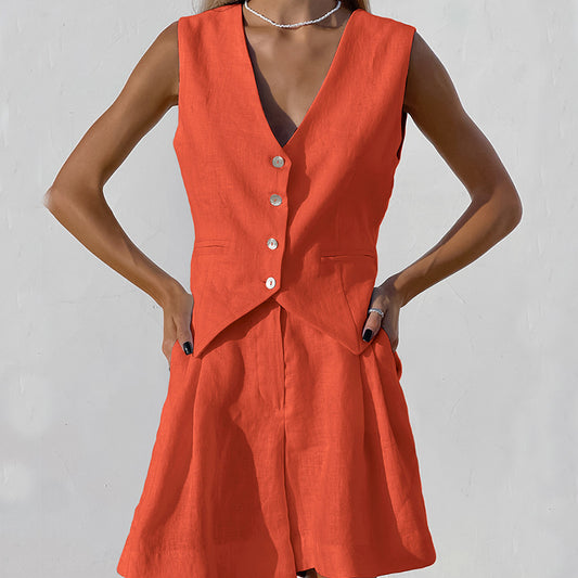 Design Cotton Linen Suit Vest Suit Women Summer Casual Sleeveless Tank Top Shorts Two Piece Suit