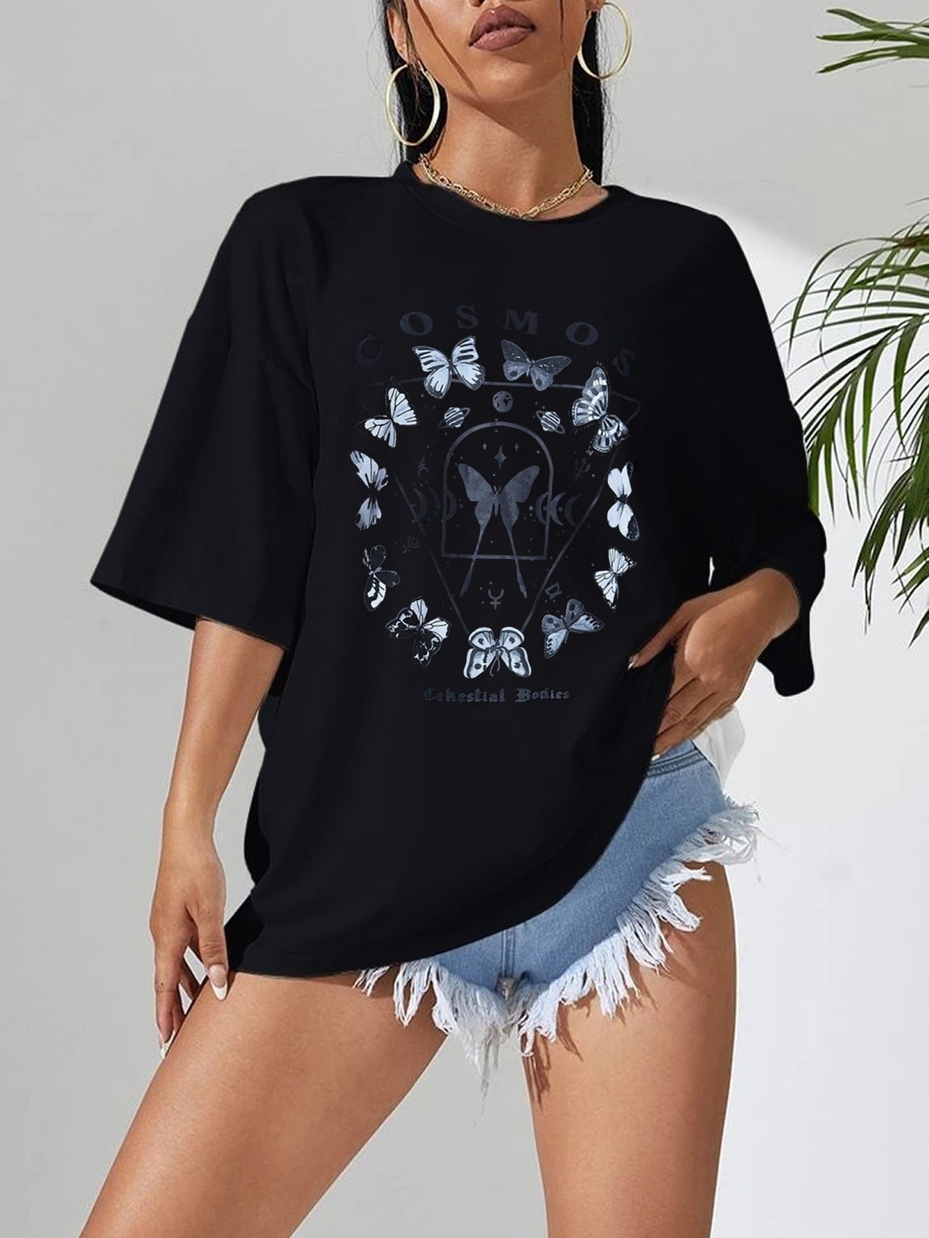 Casual Black T Shirt Simple Round Neck Short Sleeve Women Top Loose Butterfly Print