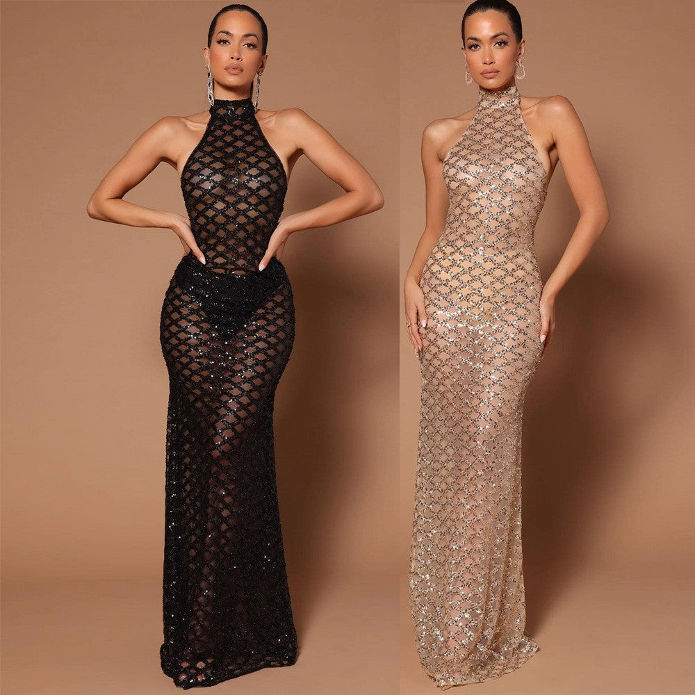 Sexy Backless Nightclub Party Formal Dress Rhinestone Sequined Transparent Dress