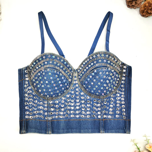 Beaded Denim Straps Outerwear Underwear with Steel Ring Shaping Wrapped Chest Boning Corset Boning Corset Top