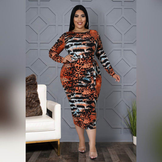 Plus Size Fashion  Women  Nightclub Fashion Printed Leopard Print Tied Dress