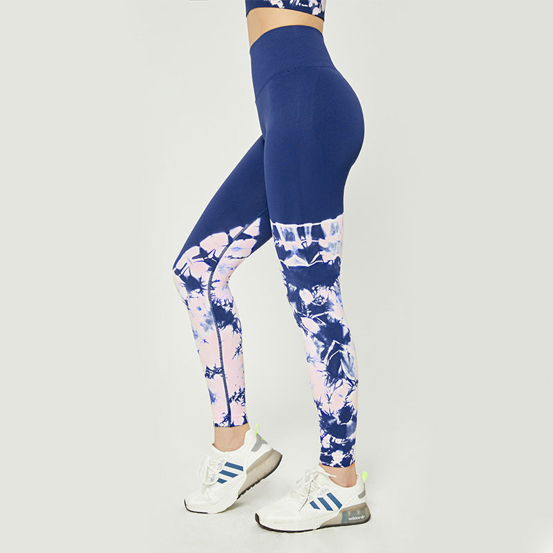 Pantaloni da yoga tie-dye da donna Pantaloni da allenamento per esercizi all'anca color pesca Comodi leggings elasticizzati a vita alta
