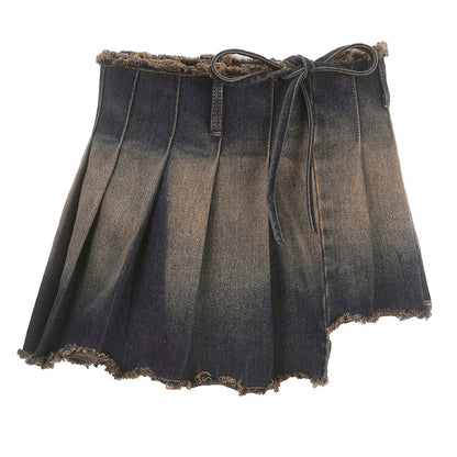 Street Retro Washed Tie Dyed Irregular Asymmetric One Piece High Waist Lace-up Pleated Skirt Sexy  Miniskirt