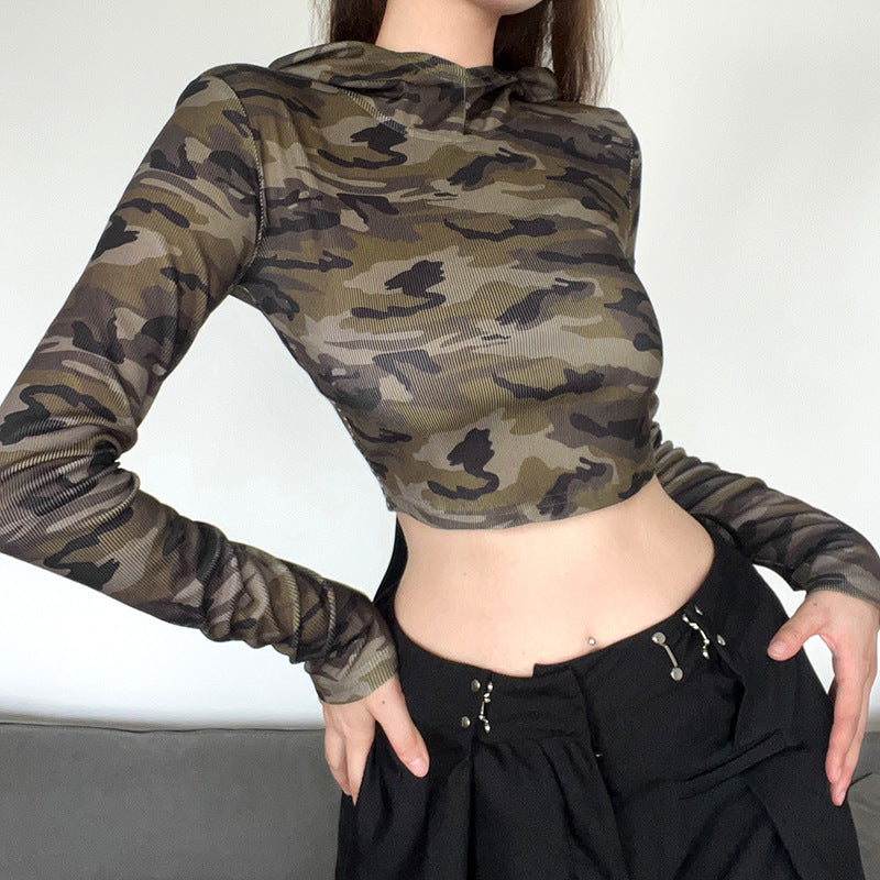 Camouflage Agent Hoodie Slimming Top Personality Fried Street Tight Back Hollow Out Cutout