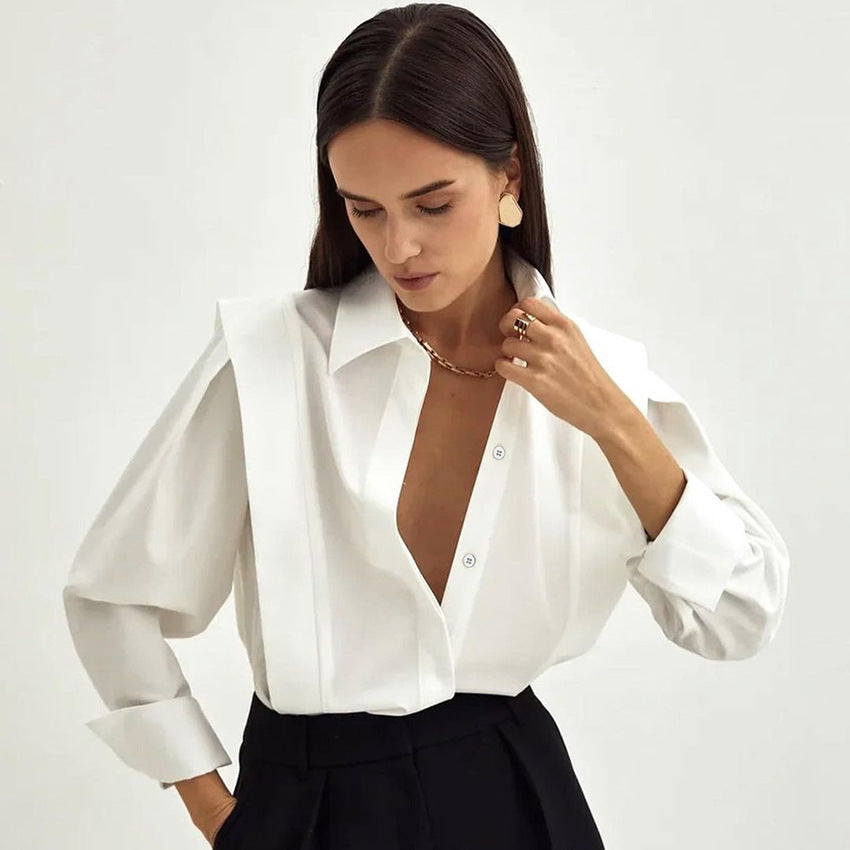 Spring New Right Angle Shoulder White Shirt Women Office Dignified Sense of Design Niche Long Sleeve Shirt