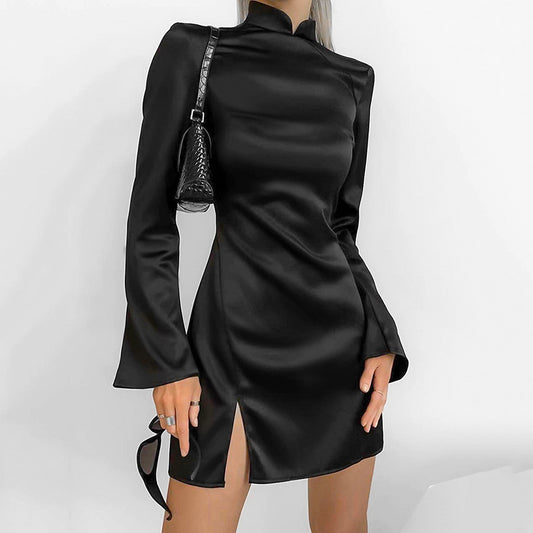 Spring Stand up Collar Slim Fit Dress Niche Long Sleeve Exposed Back Black Short Dress Women  Clothing