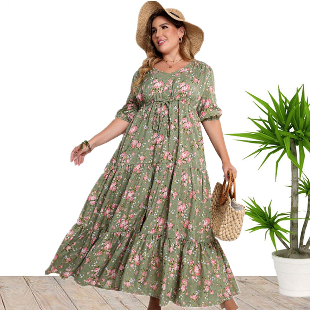Plus Size Women Clothing Summer Bohemian Print Loose Dress