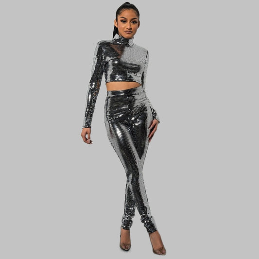 Long Sleeve Turtleneck Exposed Back Sequined Two-Piece Set