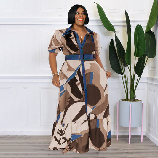 Plus Size Summer Color Printing with Belt Loose  Women Clothing Dress