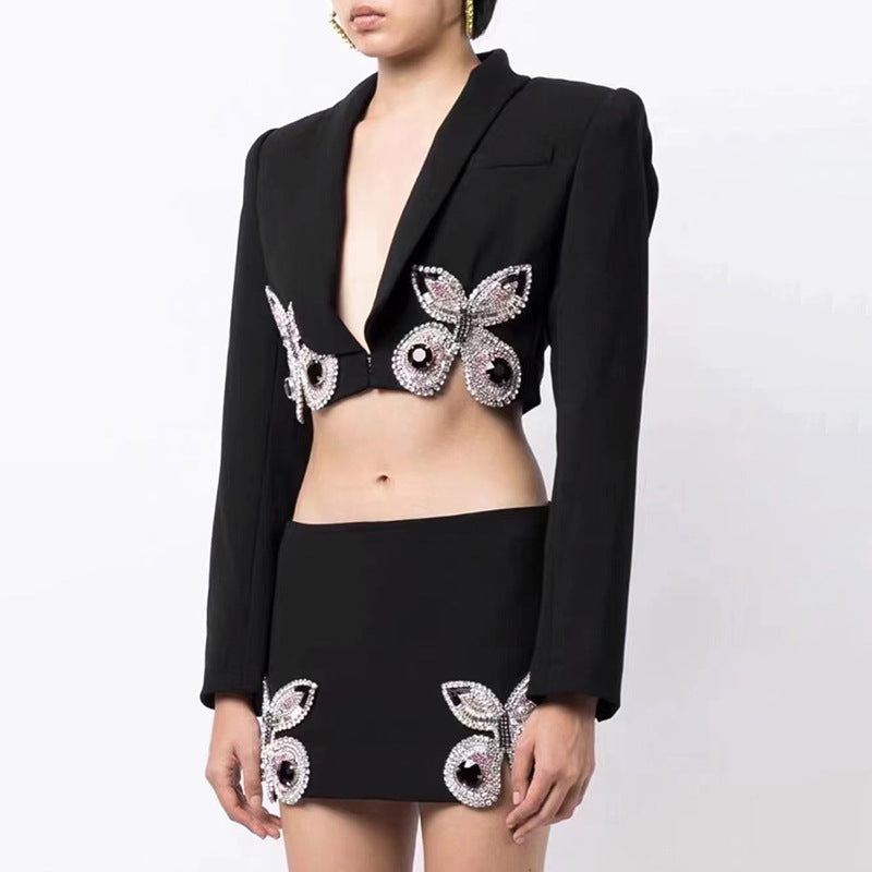 Autumn Special Interest Light Luxury Heavy Industry Butterfly Decorative Blazer High Waist Skirt Two Piece Suit