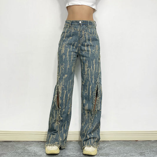 Retro High Street Sexy Tassel Skinny Jeans for Women High Waist Slimming  Burr Straight Trousers