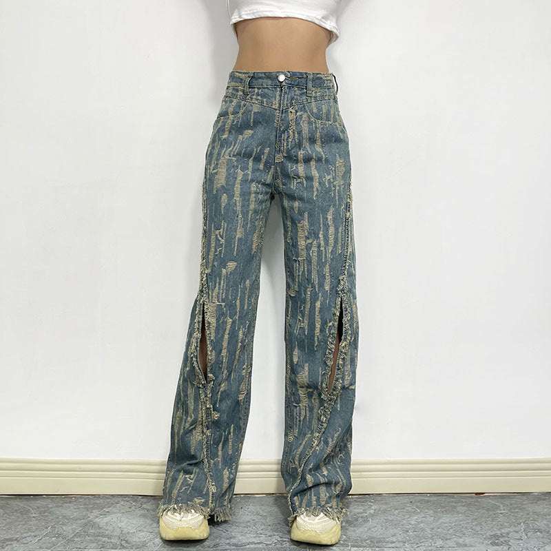 Retro High Street Sexy Tassel Skinny Jeans pour femmes Taille haute Minceur Burr Pantalon droit