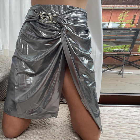Metallic Coated Fabric Fall Women Clothing Shiny Surface Sexy Street Hipster Split Street Snap Sheath Skirt