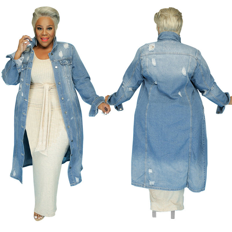 Plus Size Women Clothes Ripped Casual Denim Jacket Trend