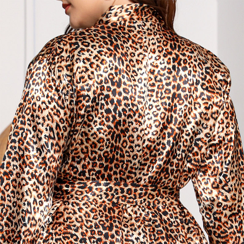 Grande taille russe américain émulation soie chemise de nuit à manches longues vêtements de maison femmes imprimé léopard portable