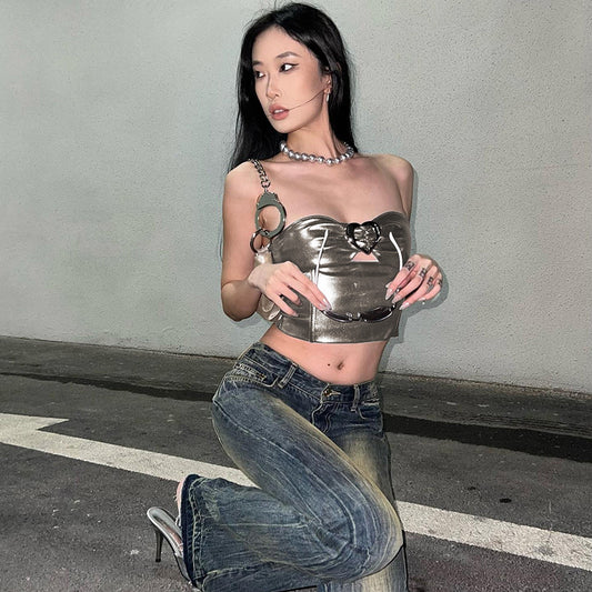 Metallic Coated fabric Women  Spring Clothing Special-Interest Design Tube Top Sexy Sexy Cropped Vest