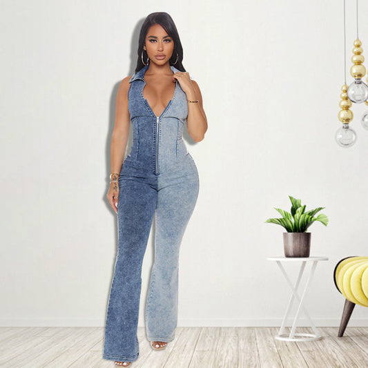 Plus Size Women Clothing New Color Matching Wash Sexy Denim Jumpsuit