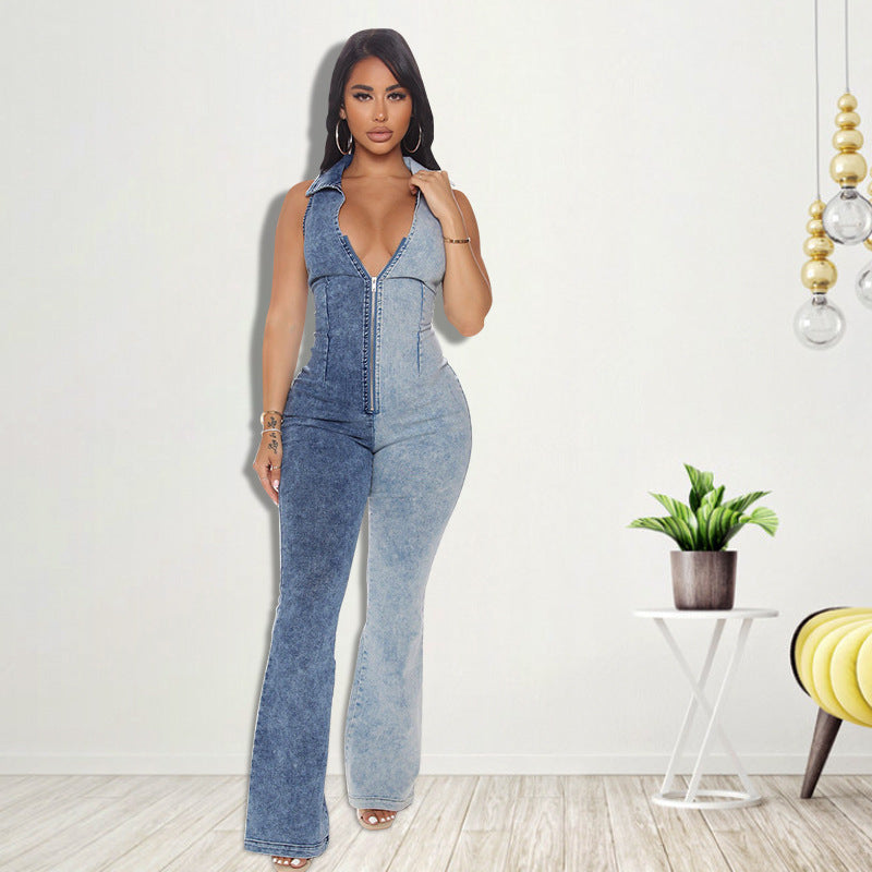 Plus Size Women Clothing New Color Matching Wash Sexy Denim Jumpsuit