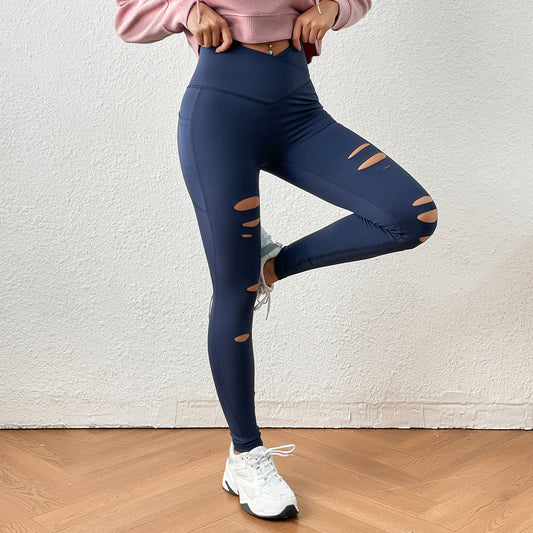 Spring Summer Cross Solid Color Irregular Asymmetric Ripped Tight Trousers Pocket Slimming Yoga Sports Pants