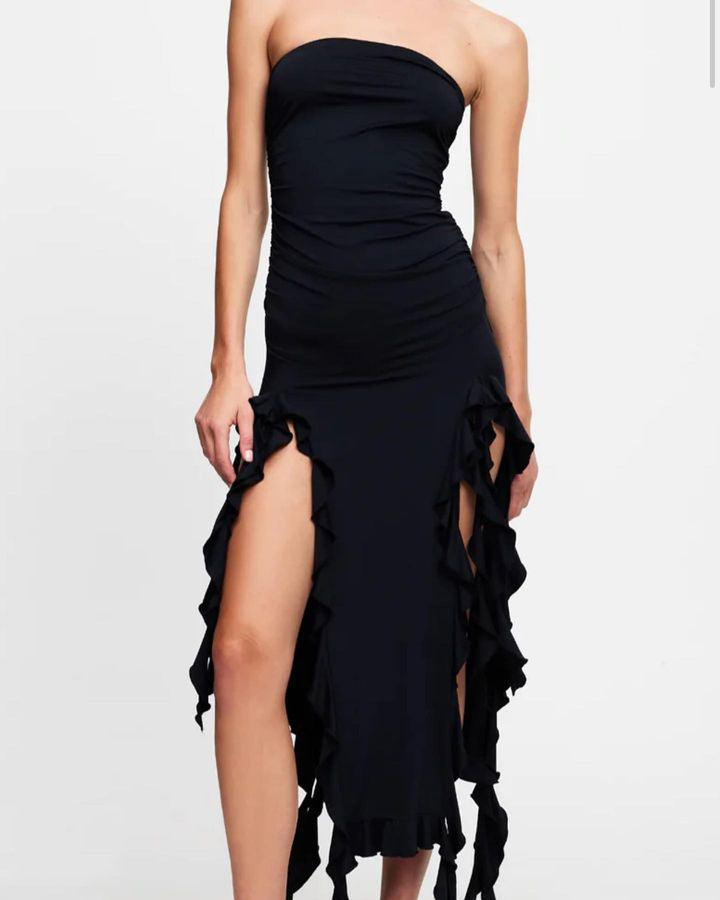 Spring Summer Popular Vacation Sexy Pleated Tube Top Ruffled Slit Dress