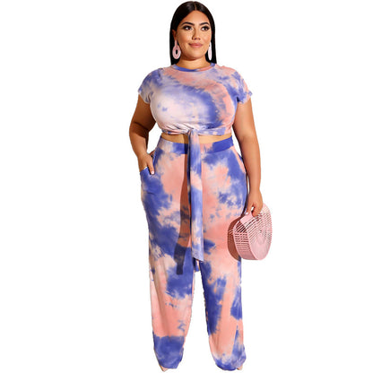 Plus Size Tie-Dye Printed Lace up Casual Set  Women Two-Piece Suit