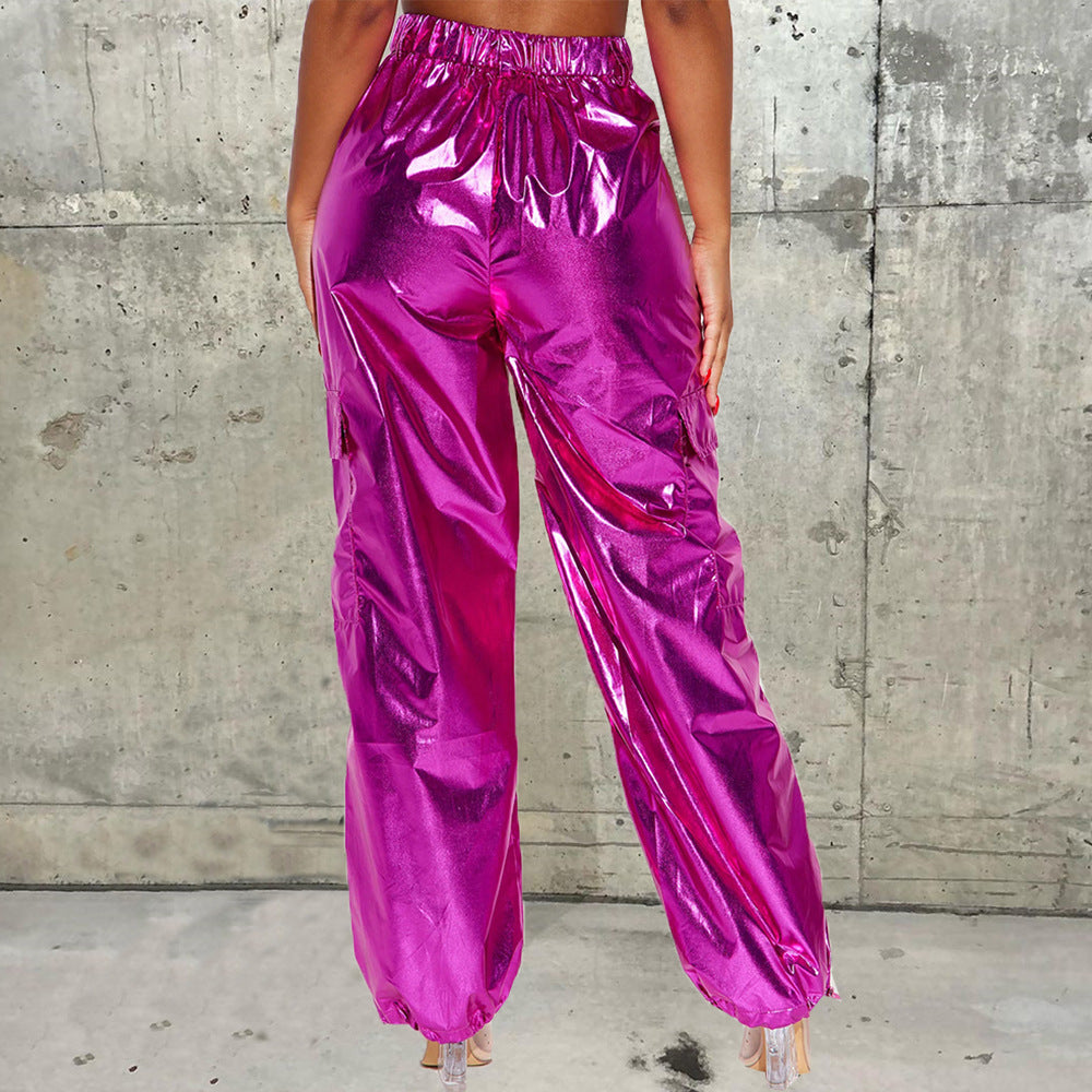 Metallic Coated Fabric Glossy Trousers Christmas Bright Color Stretch Leather Zipper Ankle Banded Slacks Women